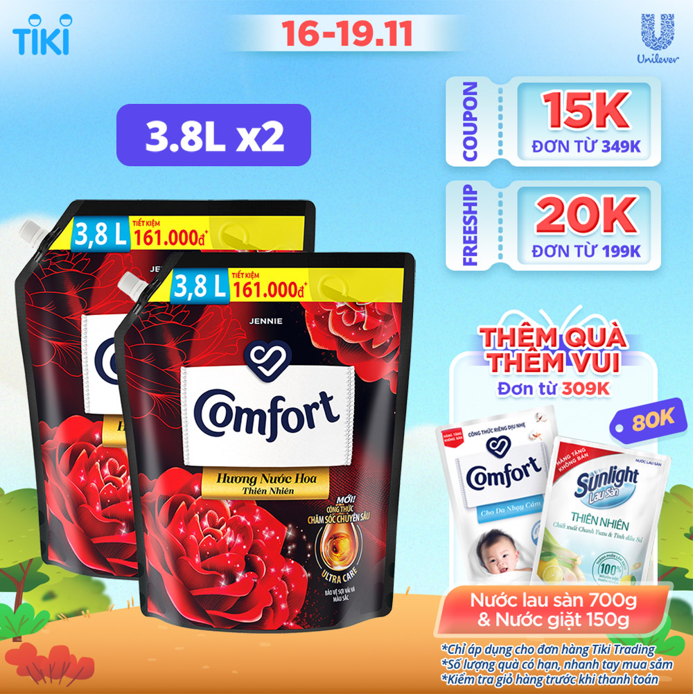 Combo 2 Túi Nước xả làm mềm vải Comfort Hương Nước Hoa Thiên Nhiên Jennie Túi 3.7L