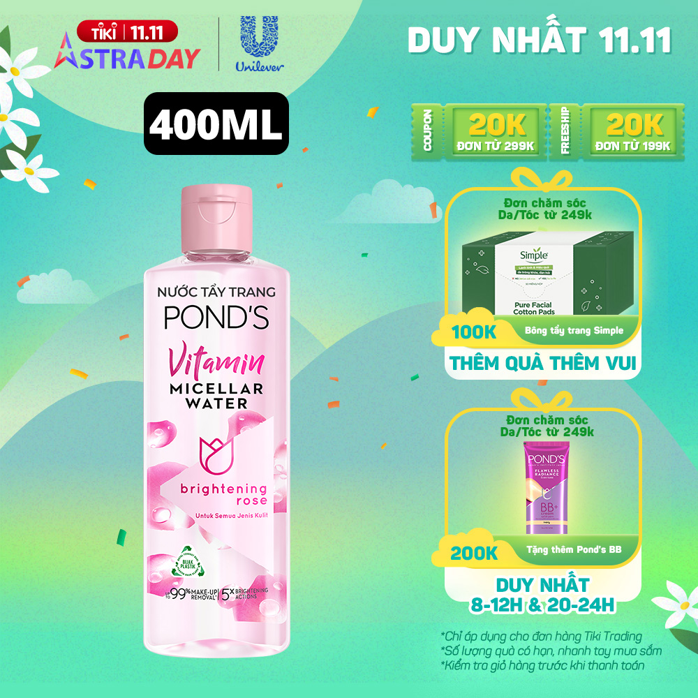 Nước tẩy trang Vitamin và hoa hồng POND'S Vitamin và hoa hồng sáng da Sạch 99% lớp trang điểm sáng da sạch sâu