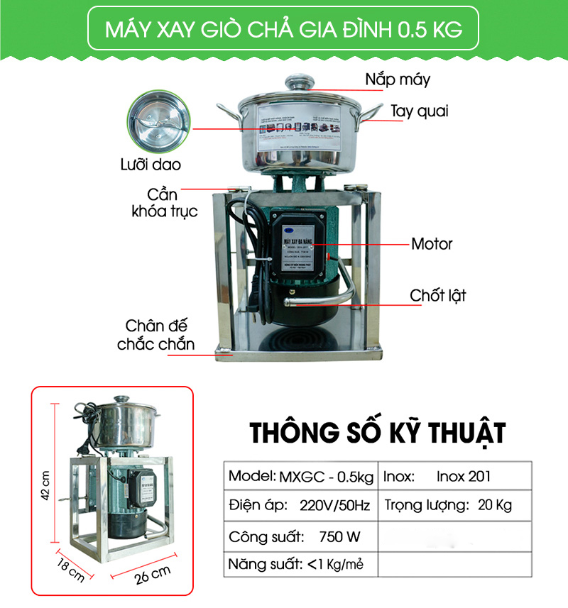 Máy Xay Giò Chả Mini 0.5 Kg/ Mẻ, Inox Cao Cấp, Công Suất 750W, Chân vuông