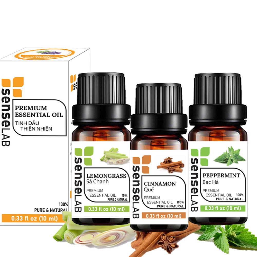 Combo 3 Tinh dầu nhập khẩu SENSELAB : Tinh dầu Vỏ Quế(10ml) + Tinh dầu Sả Chanh(10ml) + Tinh dầu Bạc Hà(10ml). Tinh dầu thiên nhiên, Tinh dầu xông phòng, lọc không khí, khử mùi, kháng khuẩn, xua đuổi côn trùng