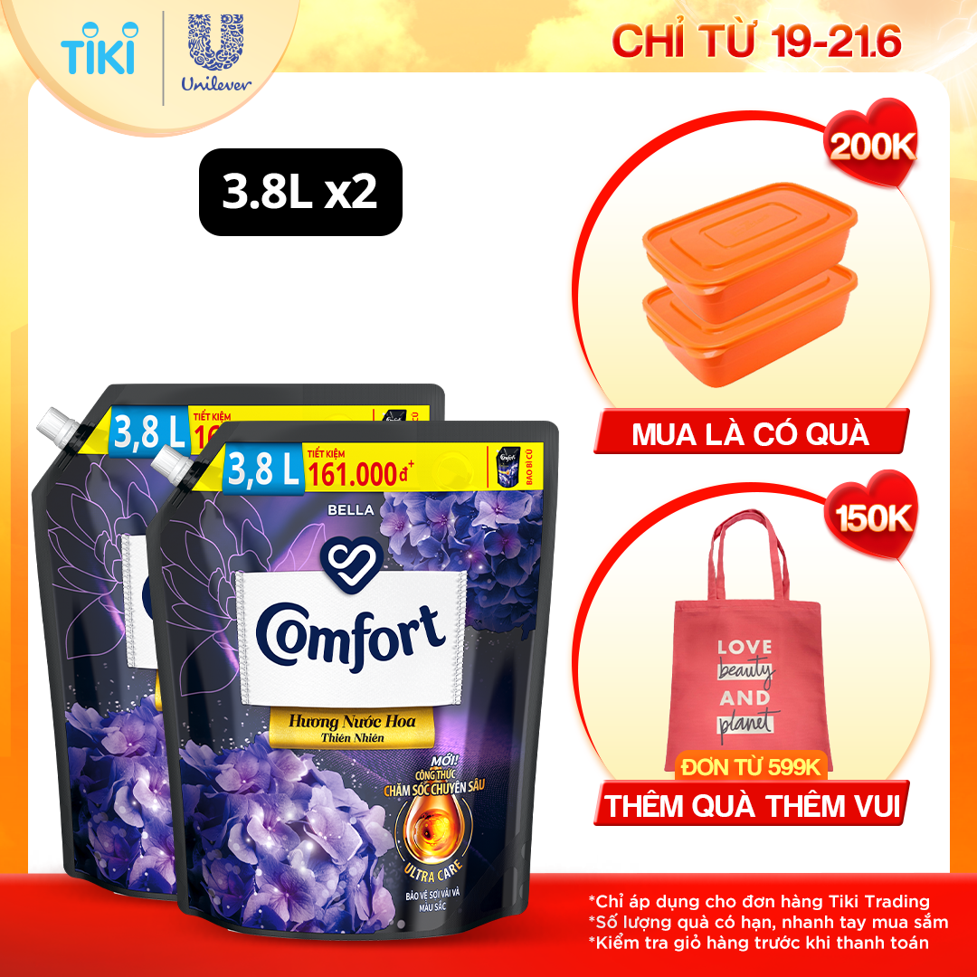 Combo 2 túi nước xả vải làm mềm vải Comfort Chăm sóc Chuyên sâu Hương nước hoa thiên nhiên Bella túi 3.7L