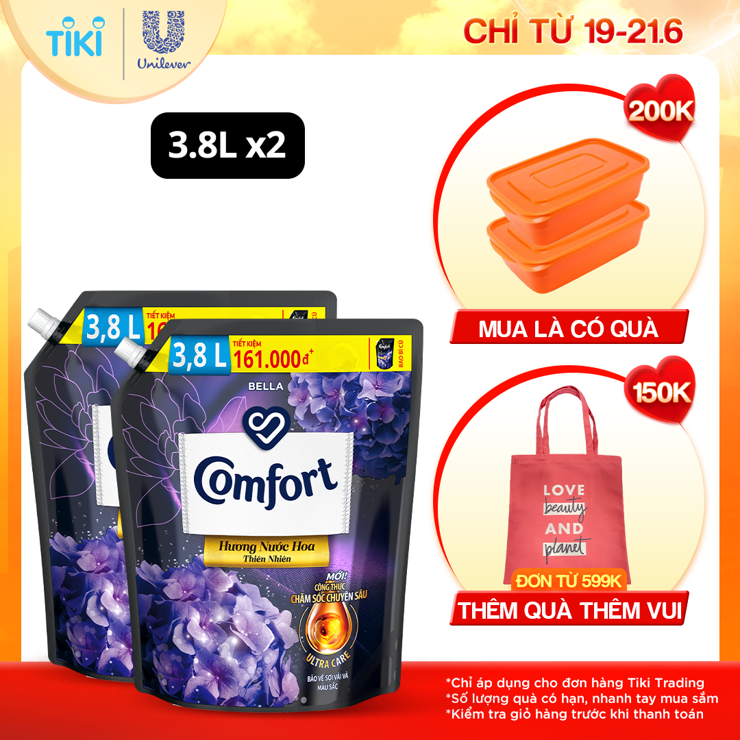 Combo 2 túi nước xả vải làm mềm vải Comfort Chăm sóc Chuyên sâu Hương nước hoa thiên nhiên Bella túi 3.8L