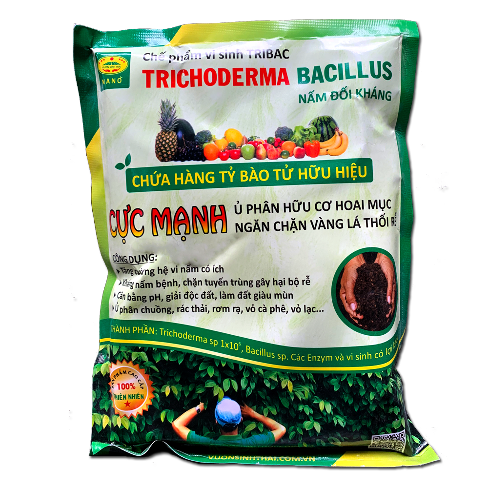 Chế phẩm vi sinh Trichoderma TRIBAC. Nấm đối kháng cực mạnh. Ngăn chặn tuyến trùng, nấm bệnh gây vàng lá thối rễ. Ủ phân chuồng hoai mục