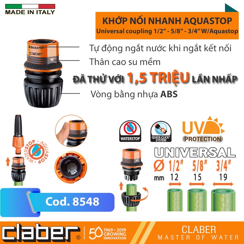 Khớp Nối Nhanh Tự Ngắt Nước Claber Aquastop 8548, nhựa ABS, nối 3 cỡ ống 12-14-19mm