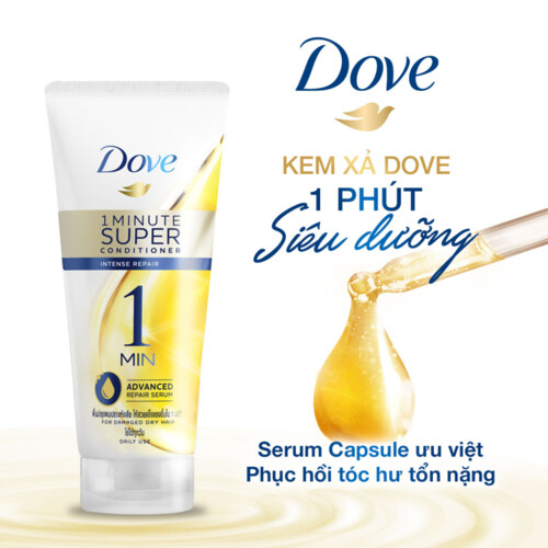 Kem Xả Dove Phục Hồi Hư Tổn 1 Phút Siêu Dưỡng Có Tinh Chất Serum Dưỡng Tóc Cao Cấp, Phục Hồi Tóc Mềm Mượt 180ml