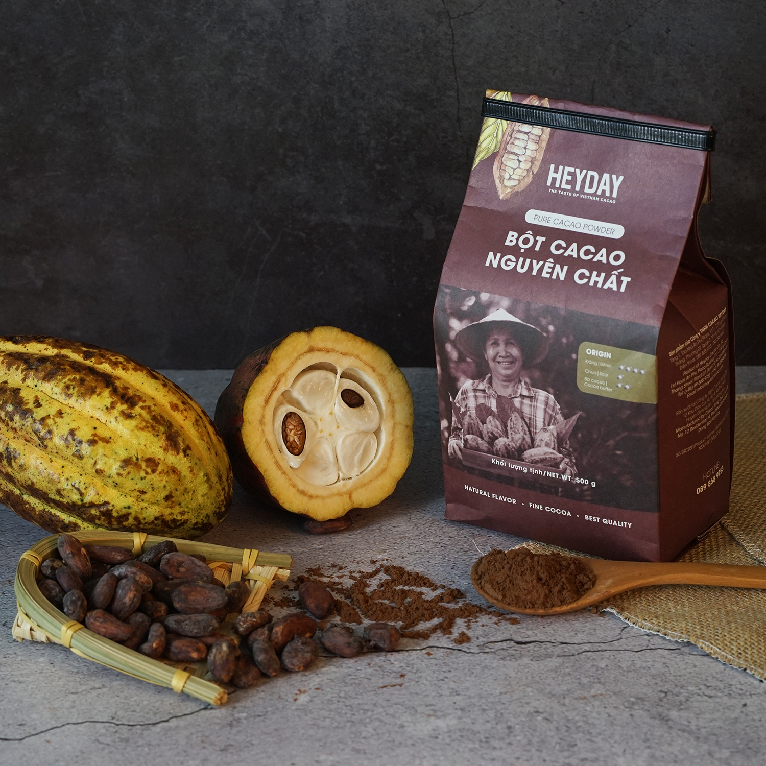 Bột cacao nguyên chất 100% Việt Nam - Dòng Origin thượng hạng túi giấy 500g - Heyday Cacao