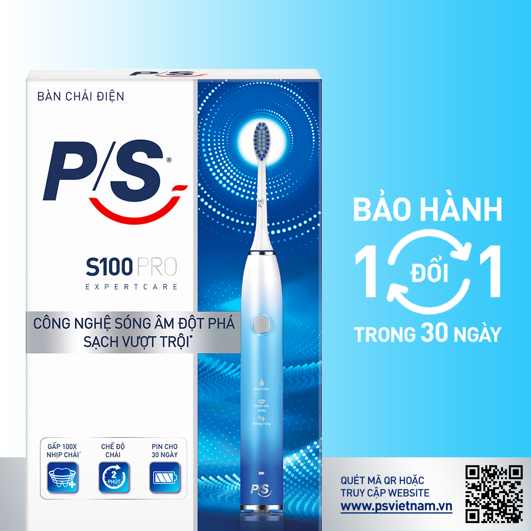 [Coupon giảm 50K]Bàn Chải Điện P/S S100 PRO Trắng Răng Công Nghệ Sóng Âm Xanh Chải Sạch Mảng Bám Tới 10X 1 bộ