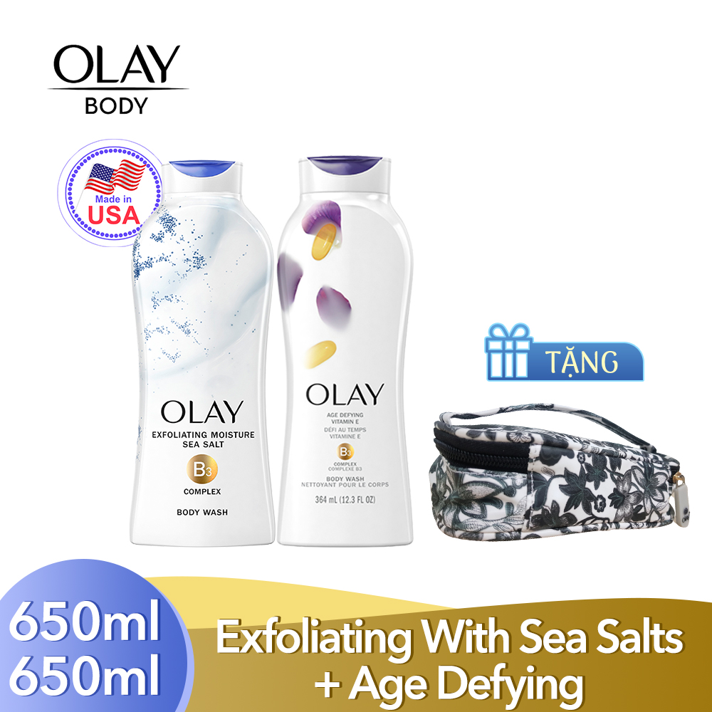 Bộ 2 Sữa Tắm Olay Body wash Daily Exfoliating With Sea Salts 650 ml + Olay Body wash Age Defying 650 ml [Tặng kèm túi đựng mỹ phẩm]