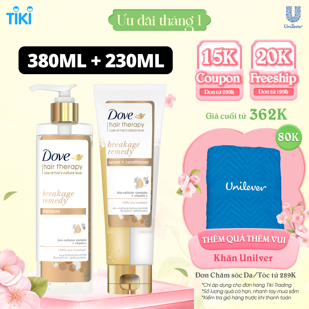 Combo Dầu gội và Kem Xả Serum 2 trong 1 Dove Breakage Remedy Phục hồi và Ngăn gãy rụng 380ml, 230 ml