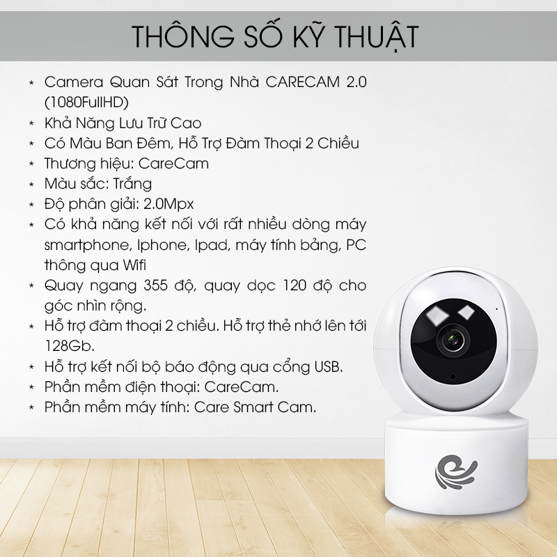 [KÈM THẺ 32G] Carecam IP - Camera Wifi- Xoay Theo Chiều Chuyển Động - Hỗ Trợ Đàm Thoại 2 Chiều, Hồng Ngoại Ban Đêm- Báo Động Cực Nhảy- 32G- Hàng Nhập Khẩu