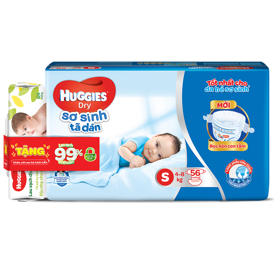 Tã Dán Sơ Sinh Huggies Dry Newborn S56 (56 Miếng) - Tặng Kèm Khăn ướt Huggies