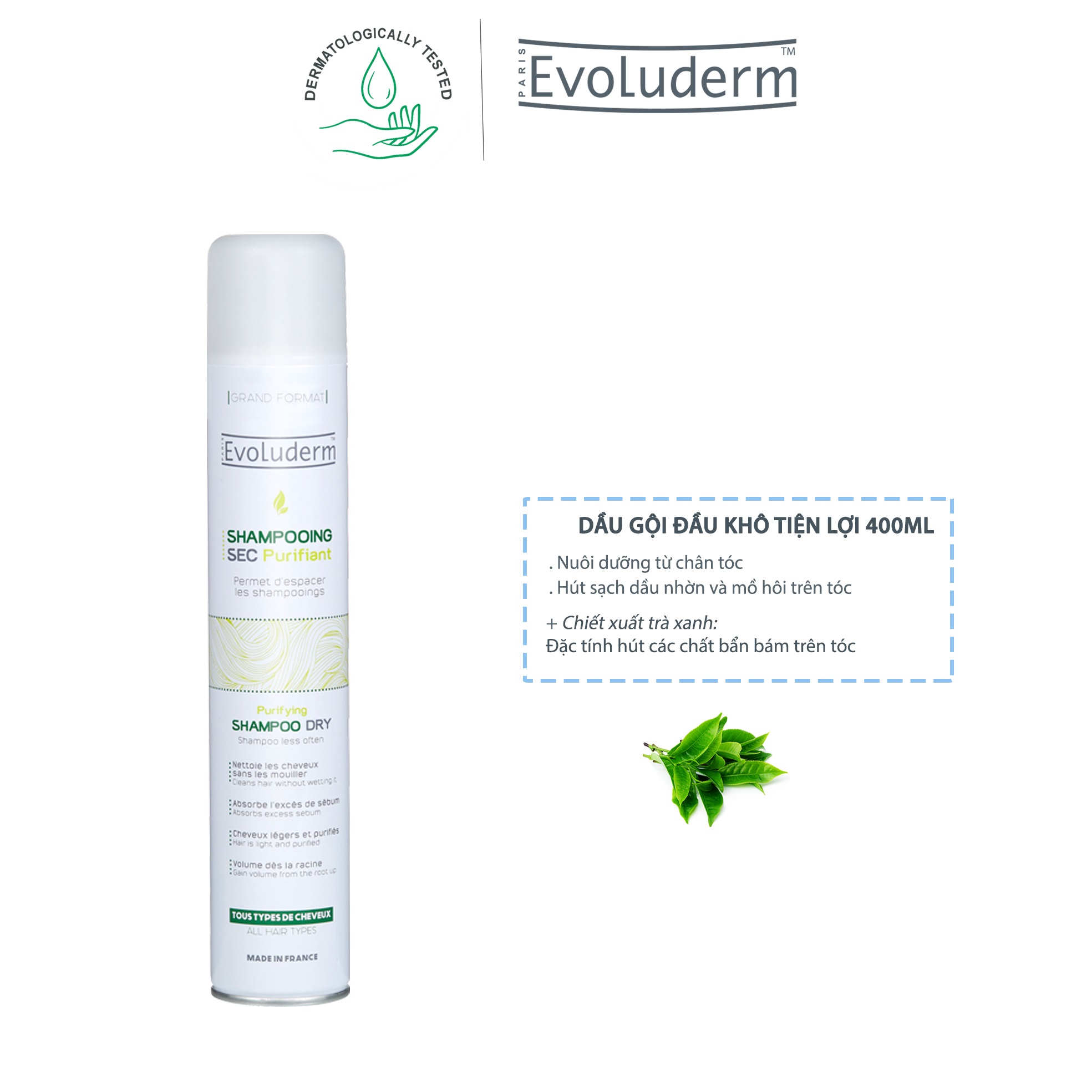 Xịt gội và xả đầu khô làm sạch tóc Evoluderm 400ml