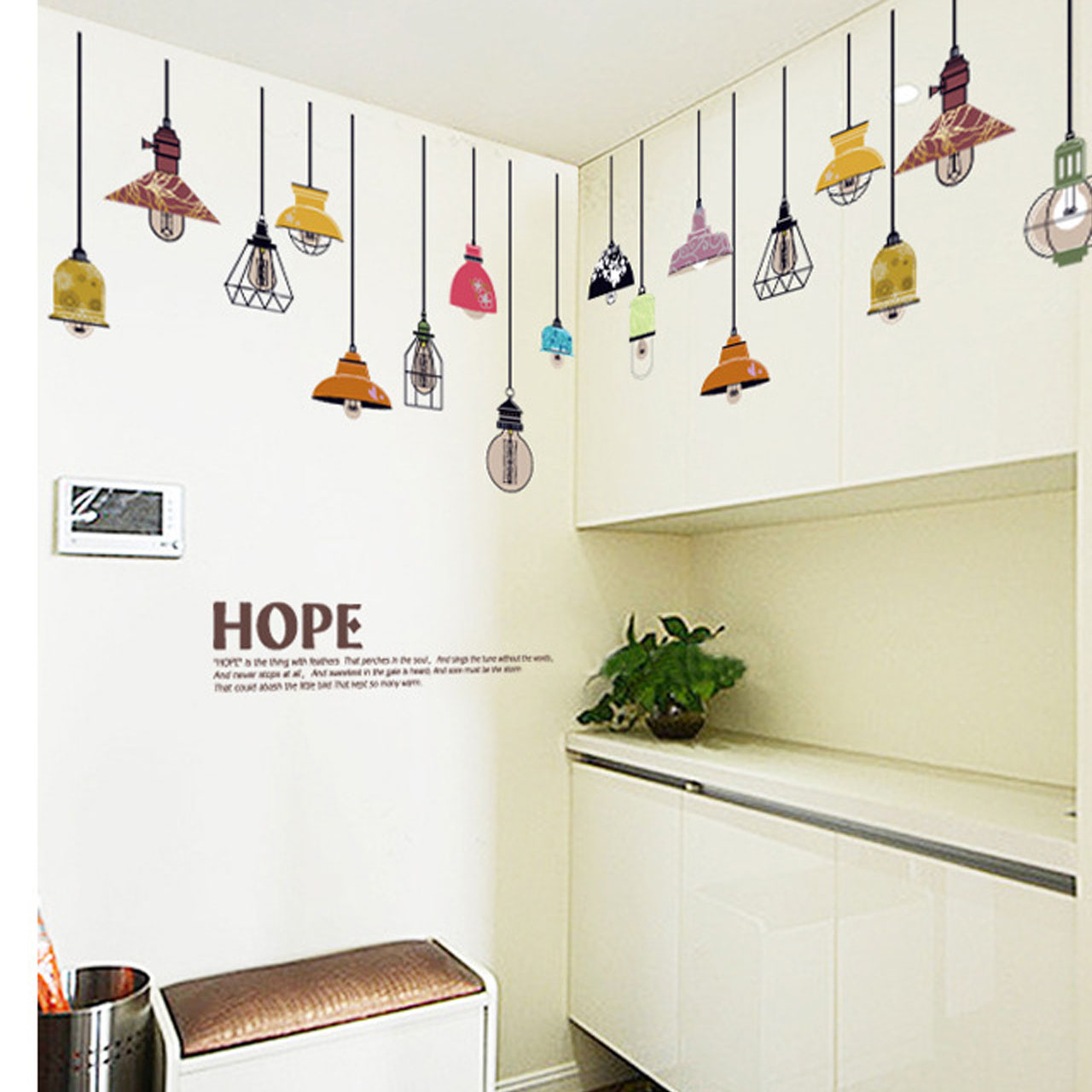 Decal dán tường trang trí quán cafe, phòng khách- Dây đèn treo chữ hope- mã sp SK9144
