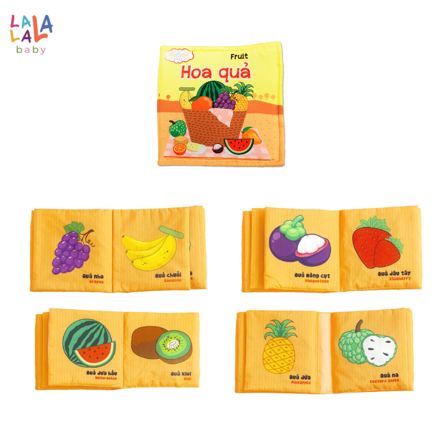 Combo 4 cuốn sách vải song ngữ Lalala baby (chủ đề Động vật, Phương tiện giao thông, Hoa quả, Rau củ), Cung cấp kiến thức quan trọng đầu đời cho bé, tương tác sột soạt thú vị, vải mềm an toàn, CHÍNH HÃNG made in Vietnam