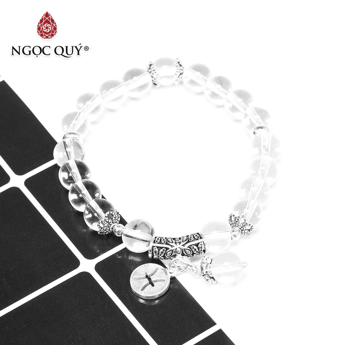Vòng tay đá thạch anh trắng charm 12 cung hoàng bạc đạo size hạt 8mm - Ngọc Quý Gemstones