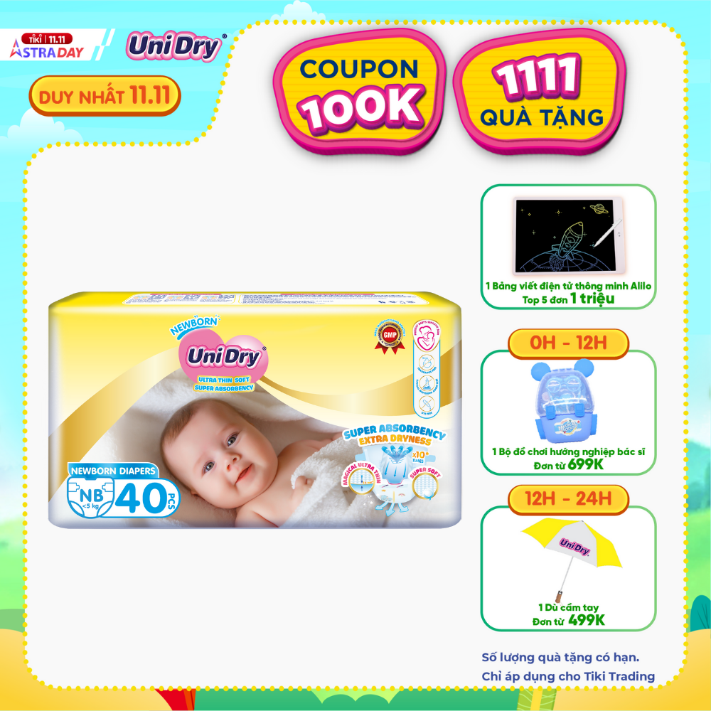 Tã Dán sơ sinh UniDry Newborn Siêu Mỏng Mềm, Siêu Thấm Hút (Dưới 5kg) - 40 miếng