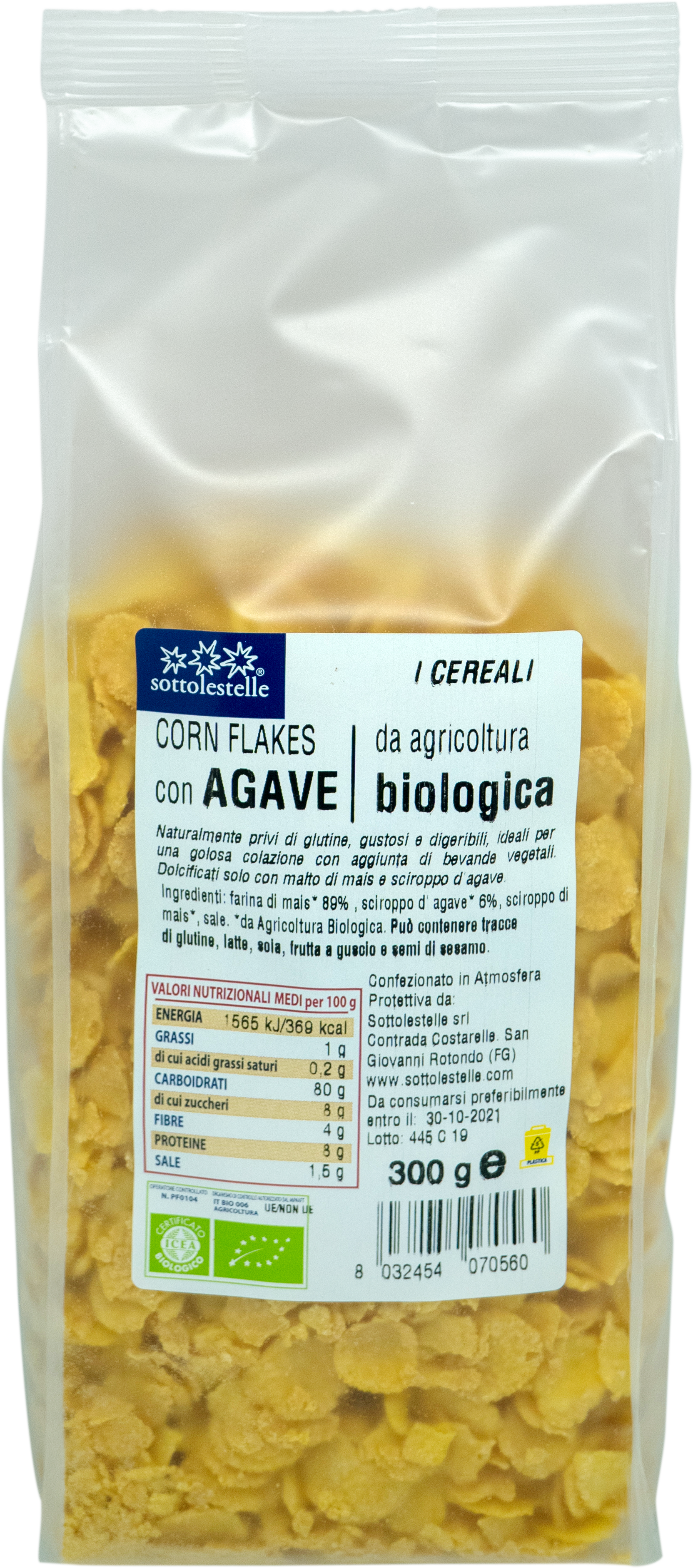 Ngũ cốc hữu cơ bắp ngô siro cán dẹp Sottolestelle 300g Organic Corn Flakes Agave