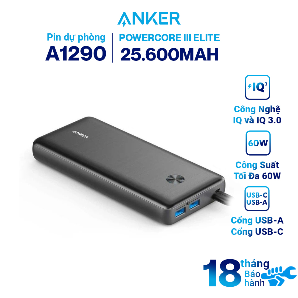 Pin Dự Phòng Anker PowerCore III Elite 25.600mAh Hỗ Trợ Sạc Nhanh PowerIQ 3.0 và PowerDelivery PD 60W Tích Hợp USB Type-C In/Out (có hỗ trợ sạc macbook) - A1290 - Hàng Chính Hãng