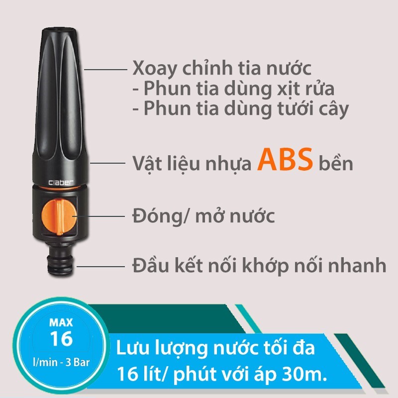 Vòi Xịt Tưới Cây Đa Năng Claber 8536, có van khóa, điều chỉnh được 2 chế độ, nhựa ABS, kết nối nhanh, không kèm phụ kiện