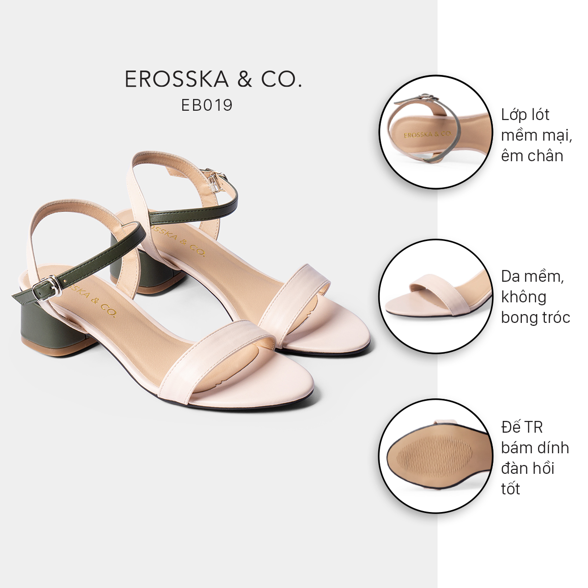 Giày sandal cao gót Erosska thời trang mũi tròn phối dây nhiều màu tinh tế cao 3cm EB019