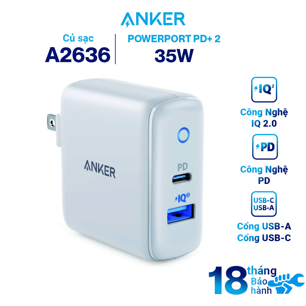 Adapter Sạc Anker PowerPort PD+ 2 Cổng 35W - A2636 - Hàng Chính Hãng