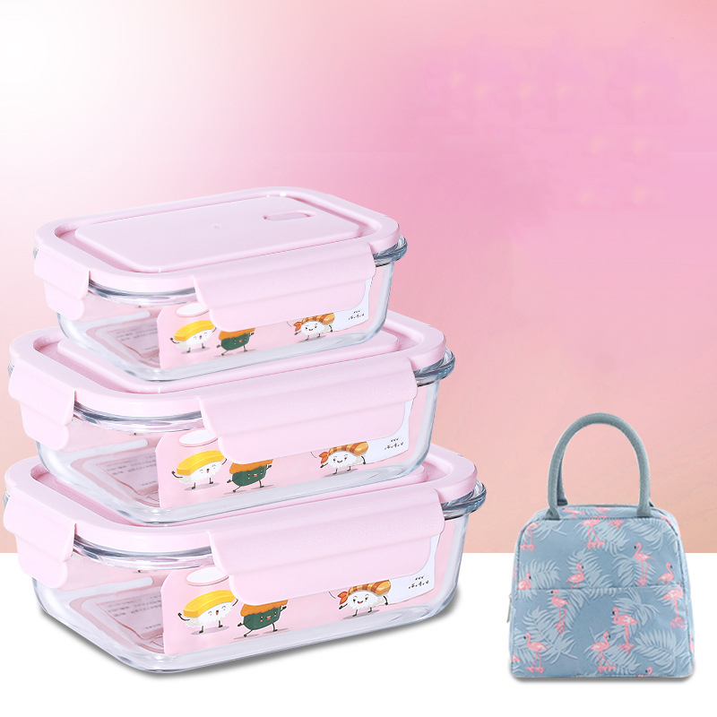 Bộ Hộp Cơm Văn Phòng Thủy Tinh Chịu Nhiệt Cao Cấp 03 Hộp - Tặng Kèm Túi Xách
