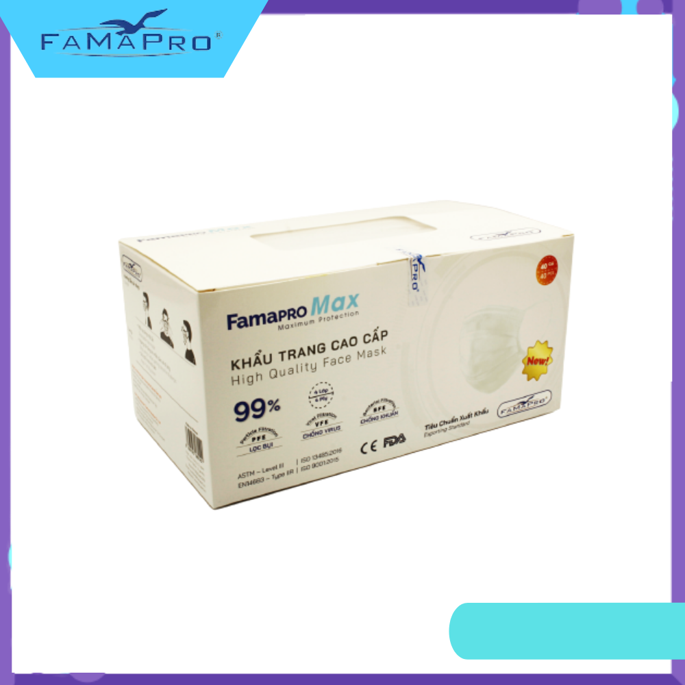 [[ Xuất Khẩu Mỹ ]] - Khẩu Trang Y Tế Cao Cấp Famapro Người Lớn - 4 Lớp Max (40 Cái / Hộp) - BFE, VFE, PFE ≥ 99% Lọc Khuẩn, Bụi, Virus Tốt Nhất - MÀU TRẮNG