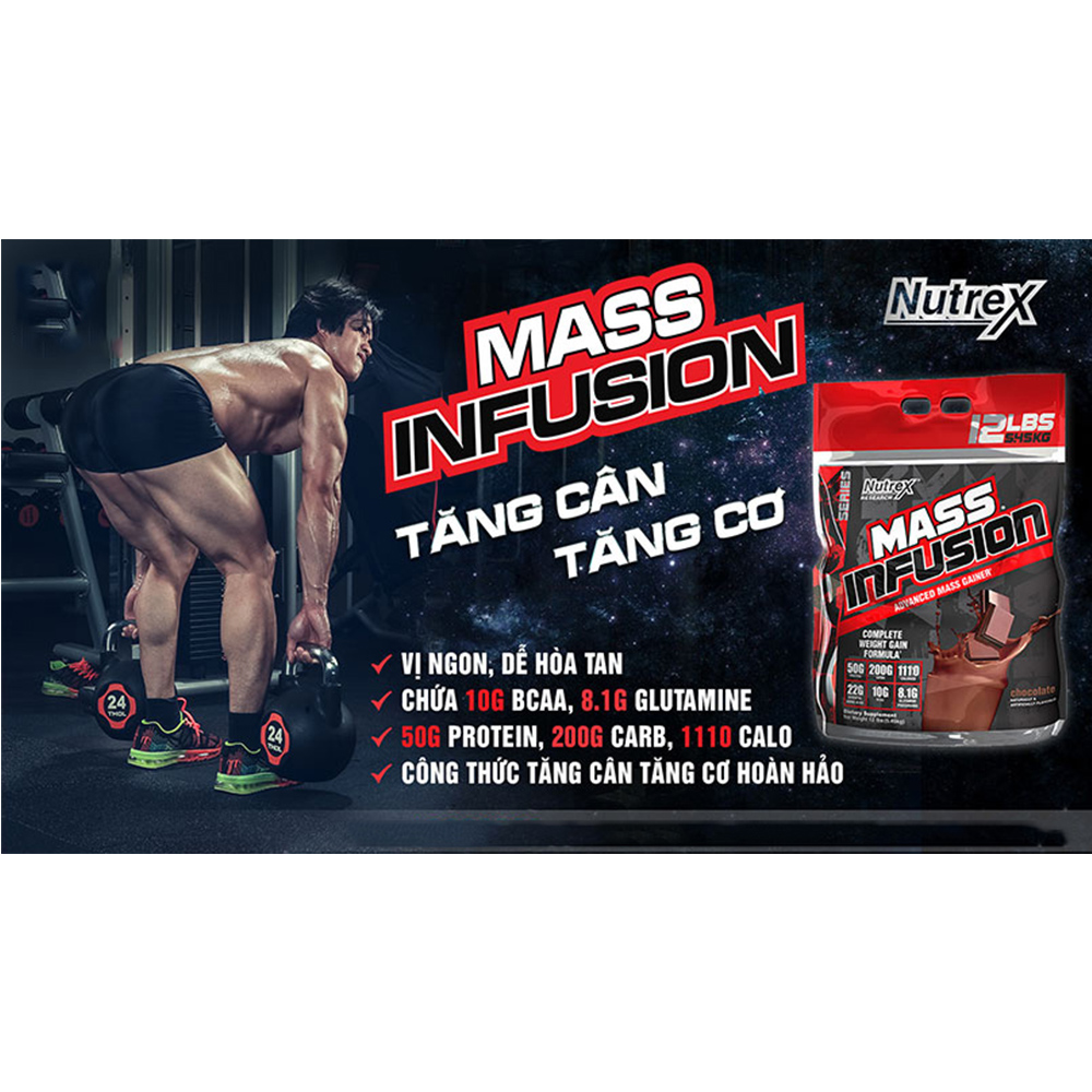 Combo Thực Phẩm Chức Năng Sữa tăng cân tăng cơ Mass Infusion của Nutrex hương Chocolate bịch Lớn 5.45kg hỗ trợ tăng cân, tăng cơ nhanh cho người gầy kén ăn, khó hấp thụ thức ăn  &amp; Bình lắc 600 ml (Màu Ngẫu Nhiên)