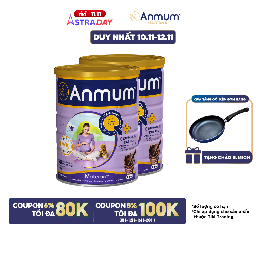 Combo 02 Sữa Bột Dành Cho Mẹ Bầu Anmum Materna Hương Chocolate 800g  - Tặng chảo Elmich