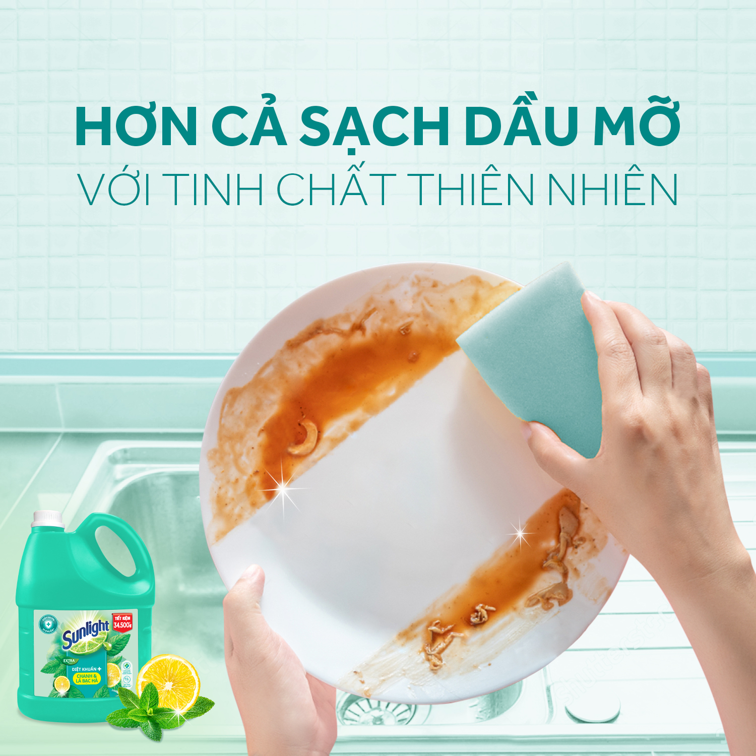 Nước Rửa Chén Bát Sunlight Diệt Khuẩn Chiết xuất Chanh và Lá Bạc Hà 3.6kg