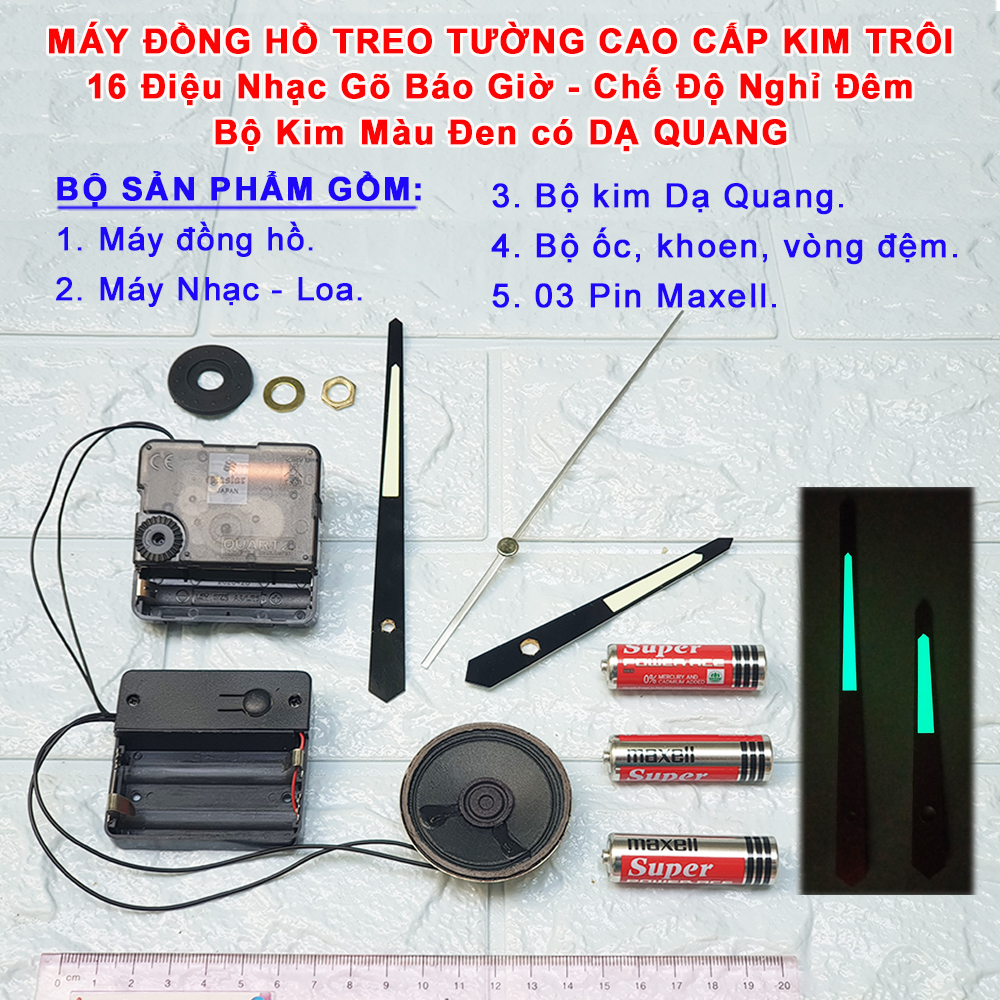 Bộ Máy Nhạc Chuông gồm 16 điệu Nhạc Gõ Báo giờ + Máy Đồng Hồ Kim Trôi Cao Cấp Eastar + Bộ Kim màu Đen có Dạ Quang – Tặng Pin Maxell