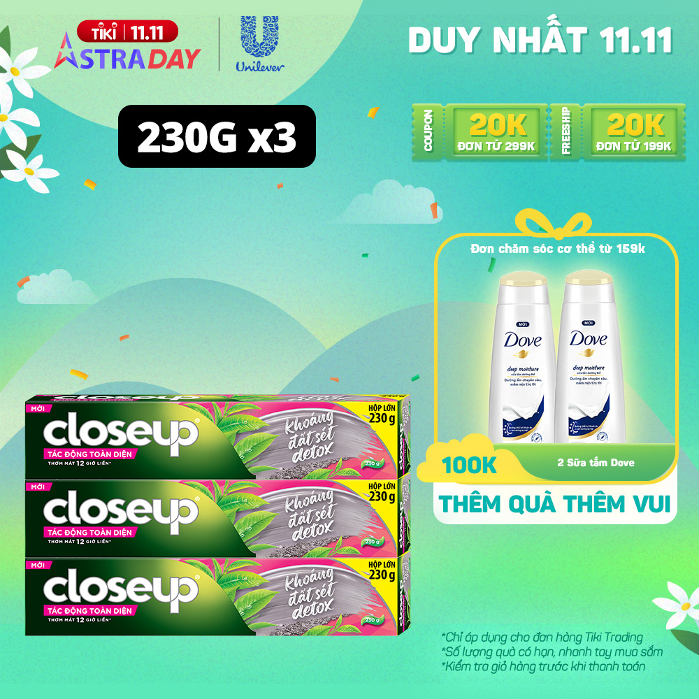 Combo 3 Kem đánh răng Closeup Trắng Răng Tự Nhiên Khoáng Đất Sét Detox 230G/Tuýp