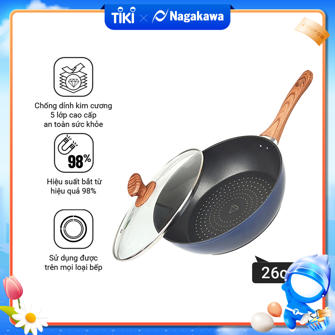 Chảo Sâu Lòng NAG2653 Đáy Từ 5 Lớp Chống Dính Vung Kính Siêu Bền Nagakawa (26cm) - Dùng Trên Mọi Loại Bếp - Hàng Chính Hãng