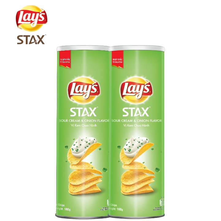 Combo 2 Bánh Snack Khoai Tây Ống Lay's Stax Vị Kem Chua Hành 160g (Size lớn) - Nhập khẩu từ Malaysia