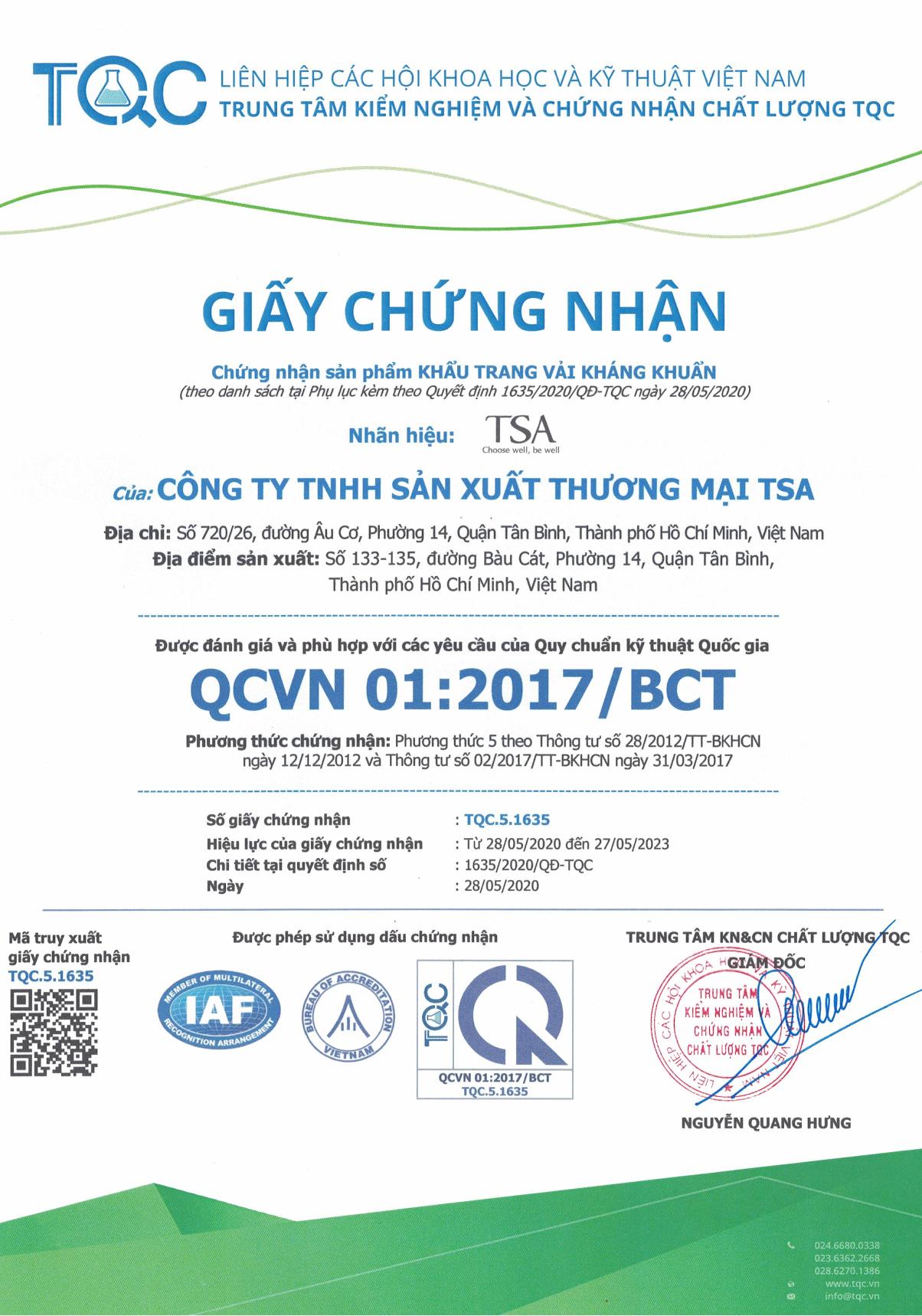 Khẩu trang vải kháng khuẩn TSA 4 Lớp