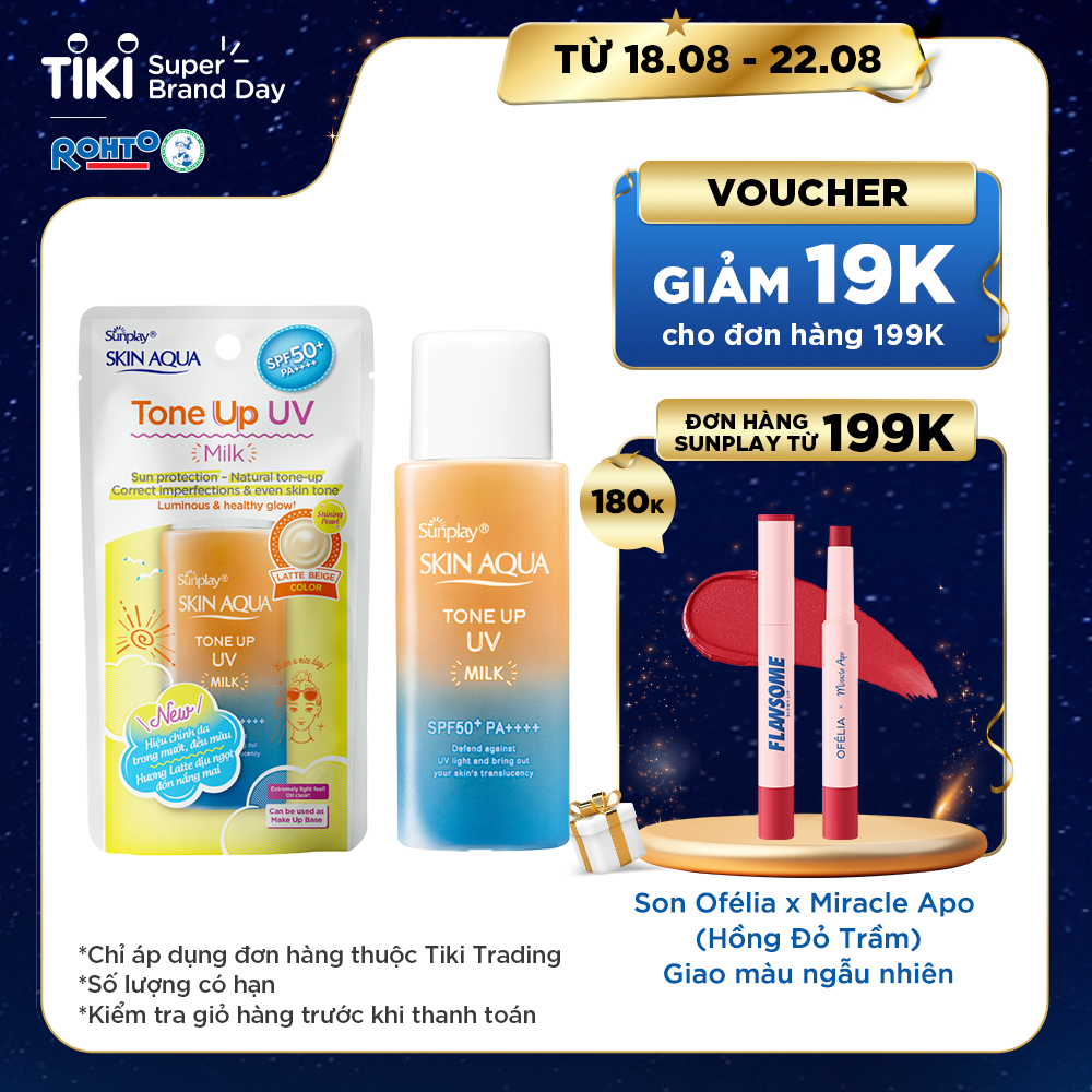 Kem chống nắng nâng tông Skin Aqua Tone up Latte Beige cho mọi tông da, dạng tinh chất Sunplay Skin Aqua Tone Up UV Essence Latte Beige SPF 50+ PA++++ 50g