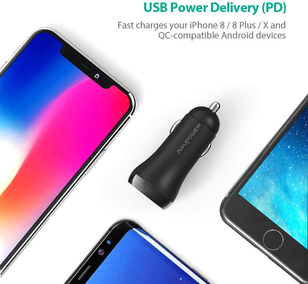 Sạc Xe Hơi 1 USB + 1 USB Type C RAVPower RP-PC091 Hỗ Trợ Sạc Nhanh PD Power Delivery 18W và Quick Charge 3.0 - Hàng Chính Hãng