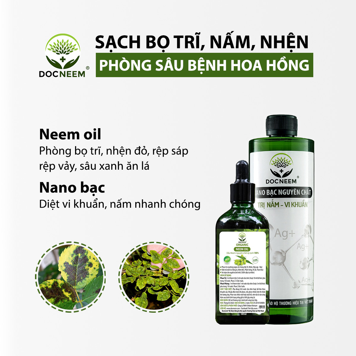 Nano bạc DOCNEEM nguyên chất trị nấm, vi khuẩn, virus cho cây hoa hồng, phong lan, trầu bà, monstera,  cây cảnh trong nhà và ngoài trời, hàng chính hãng, chai 500ml