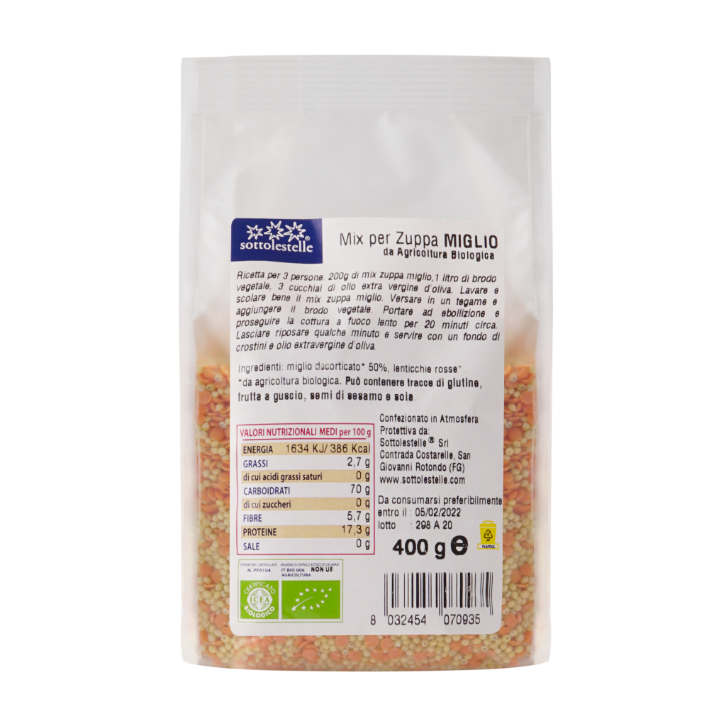 Hạt dinh dưỡng hỗn hợp 2 loại hạt hữu cơ Sottolestelle 400g Organic Millet mix Red Lentils