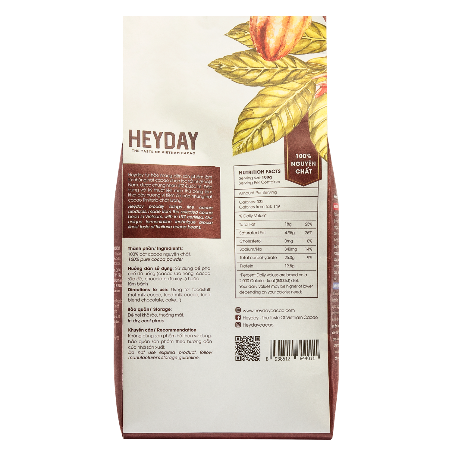 Bột cacao nguyên chất 100% Việt Nam - Dòng Origin thượng hạng túi giấy 500g - Heyday Cacao