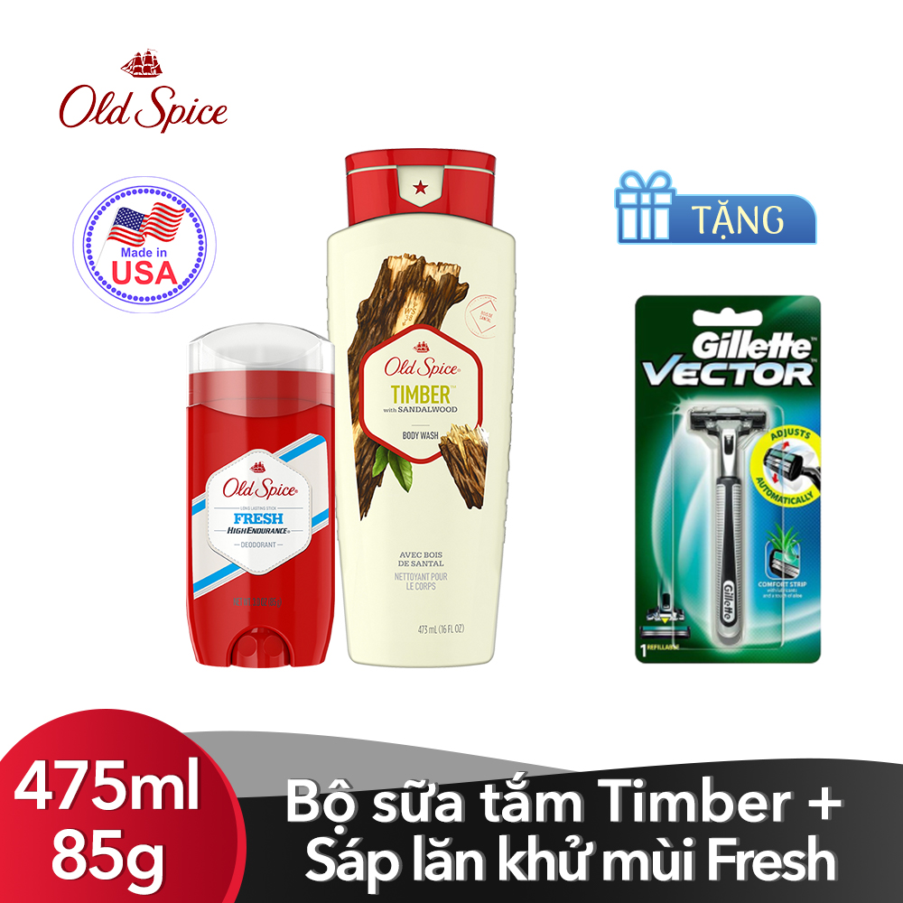 Bộ sữa tắm Old Spice Timber 475ml + Sáp lăn khử mùi Old Spice Fresh 85g [Tặng kèm Dao cạo Gillette Vector]