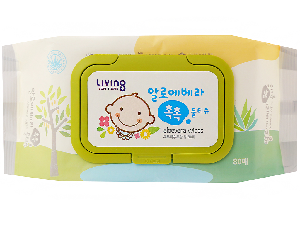 Bộ 3 gói khăn giấy ướt  Living Aloe Vera Chok Chok - loại 80 tờ/gói