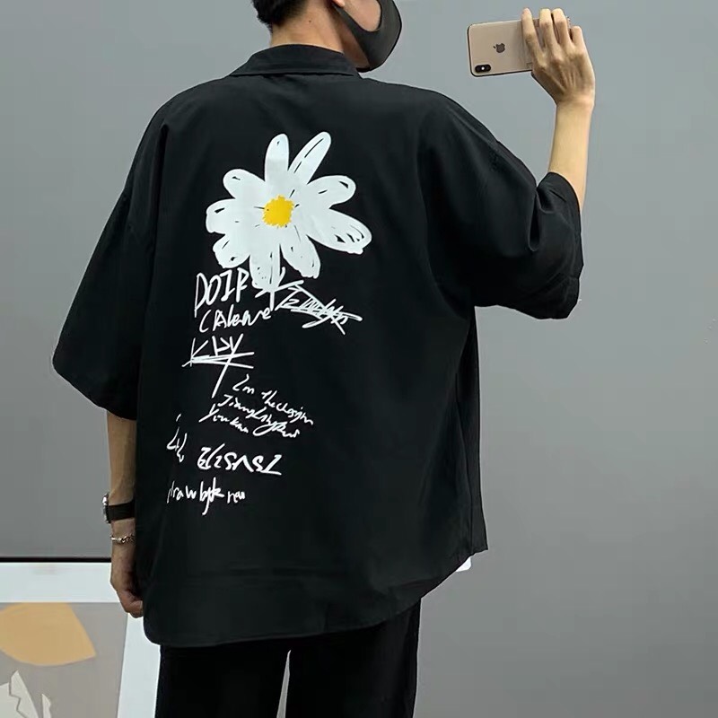 Áo sơmi tay lỡ kaki unisex Wind Quốc Dân hoa cúc, áo sơmi tay lỡ Ulzzang Wind