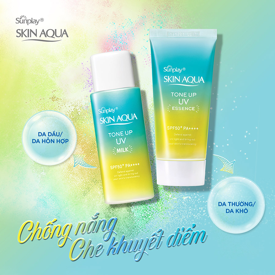 Kem chống nắng nâng tông Skin Aqua Tone up Mint Green cho da trắng có khuyết điểm đỏ, dạng tinh chất Sunplay Skin Aqua Tone Up UV Essence Mint Green SPF 50+ PA++++ 50g