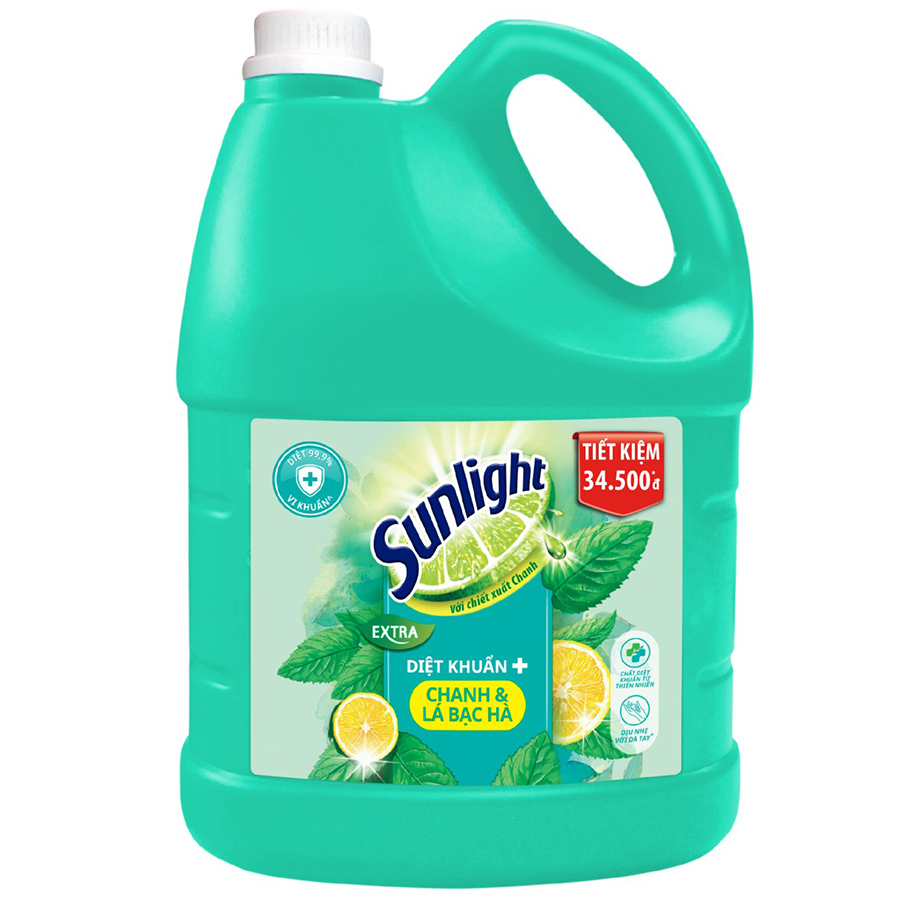 Nước Rửa Chén Bát Sunlight Diệt Khuẩn Chiết xuất Chanh và Lá Bạc Hà 3.6kg