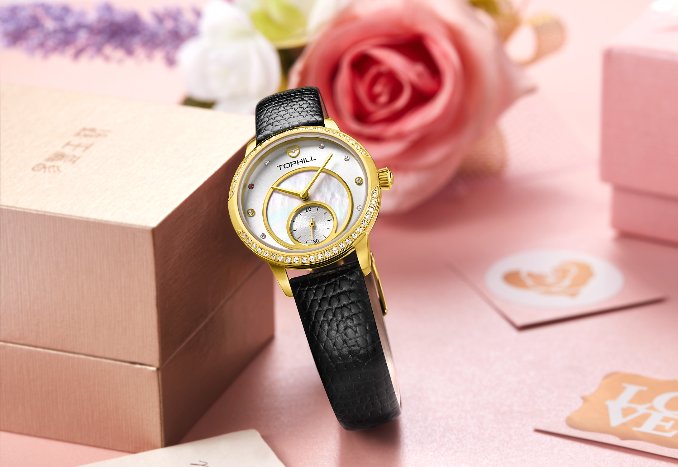 Đồng hồ nữ mặt xà cừ đính đá sang trọng chính hãng Thụy Sĩ TOPHILL TE036L.NB2237