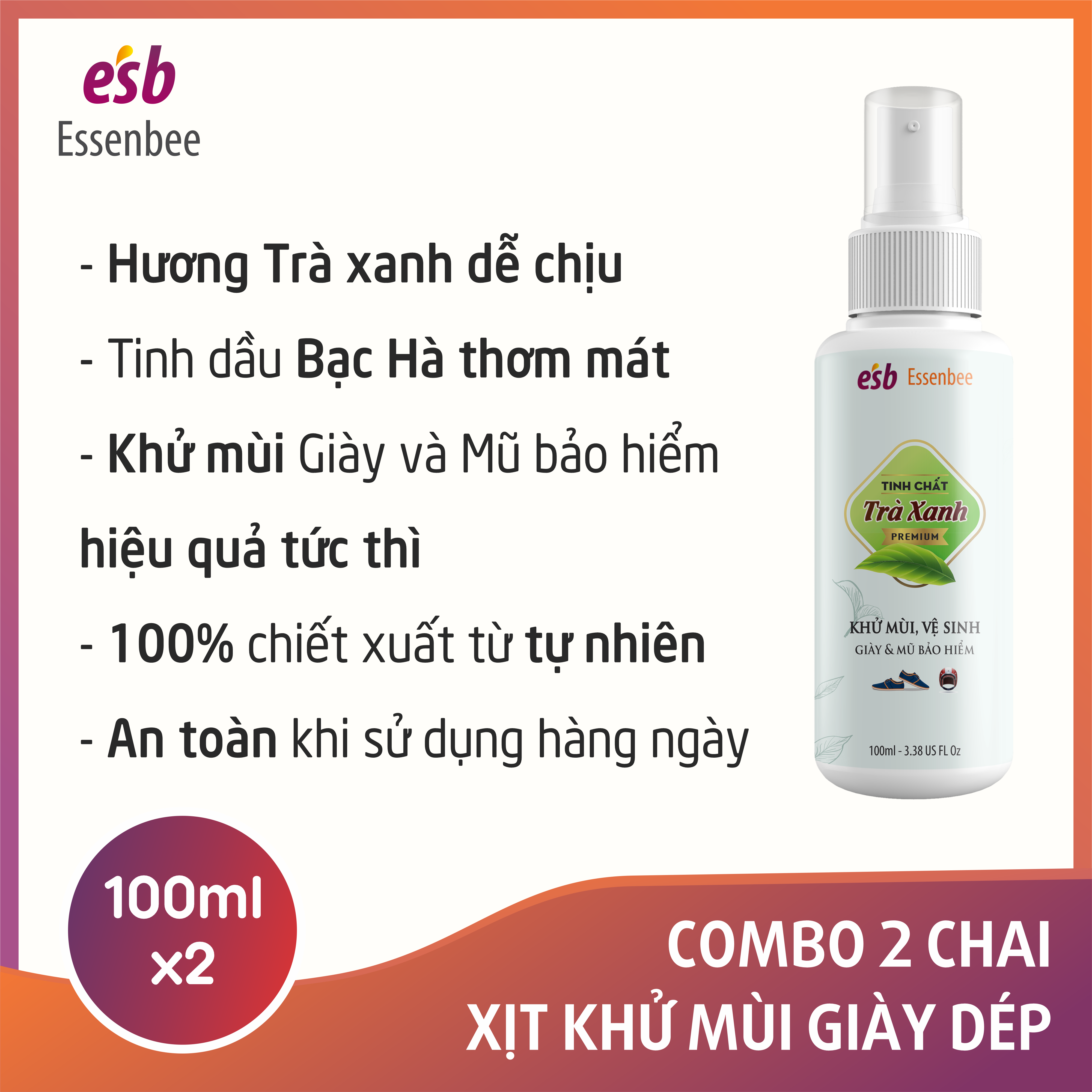 Combo 2 chai Xịt khử mùi giày Hương Trà Xanh - Essenbee - 100ml/chai. Giúp vệ sinh và khử mùi giày dép hiệu quả.