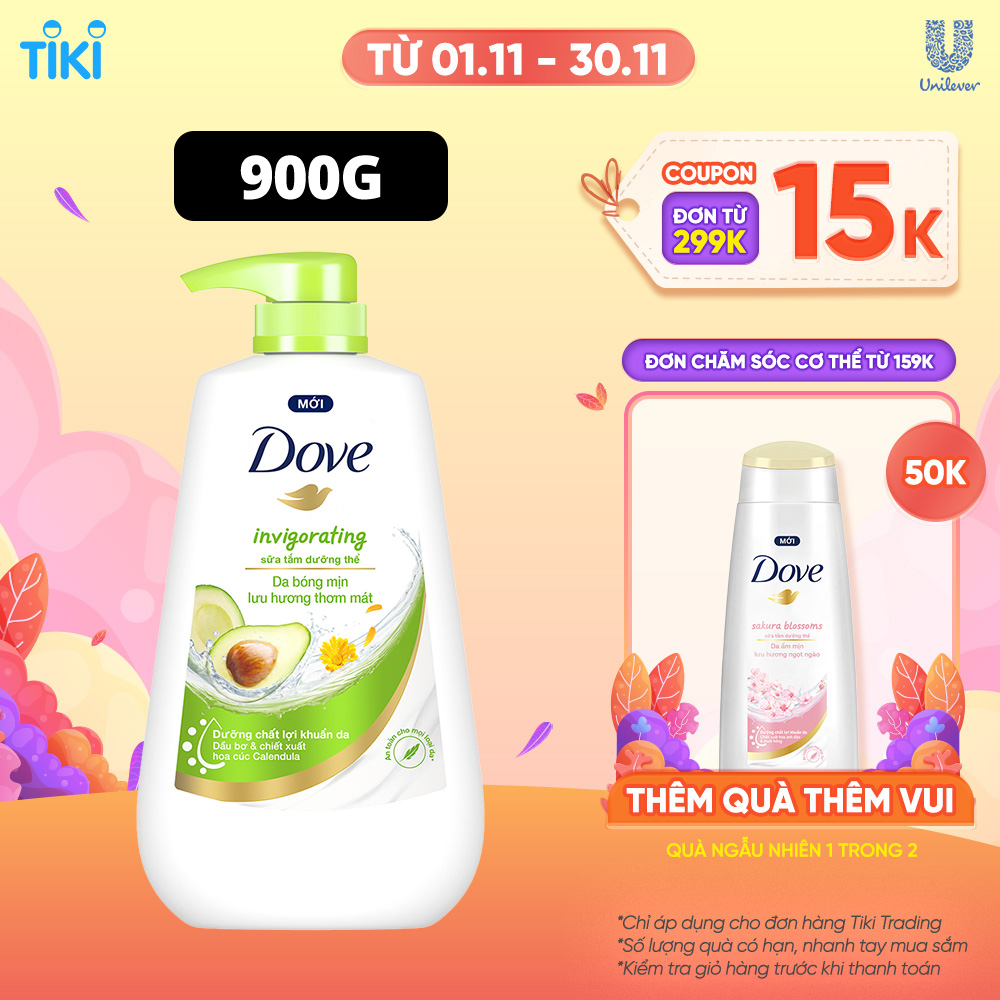 Sữa tắm dưỡng thể Dove Invigorating Da bóng mịn thơm mát với dầu bơ và hoa cúc Calendular 900g