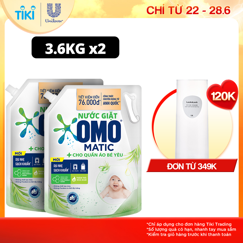 Combo 2 túi nước giặt OMO Matic cho máy giặt cửa trên giúp quần áo sạch bẩn khử mùi toàn diện, túi 3.9kg