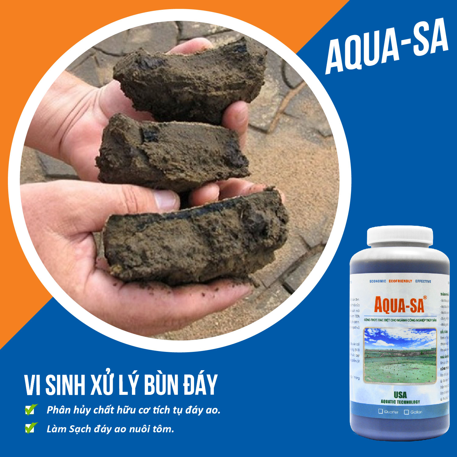 AQUA-SA - Vi sinh xử lý bùn đáy ao nuôi trồng thủy sản - Chai 1 quarter (≈ 1 lít)